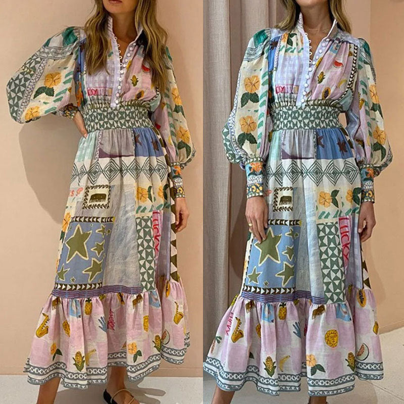 2026 spring European and American Foreign Trade women's clothing temperament commute painted print lantern long sleeve waist-tight large swing dress