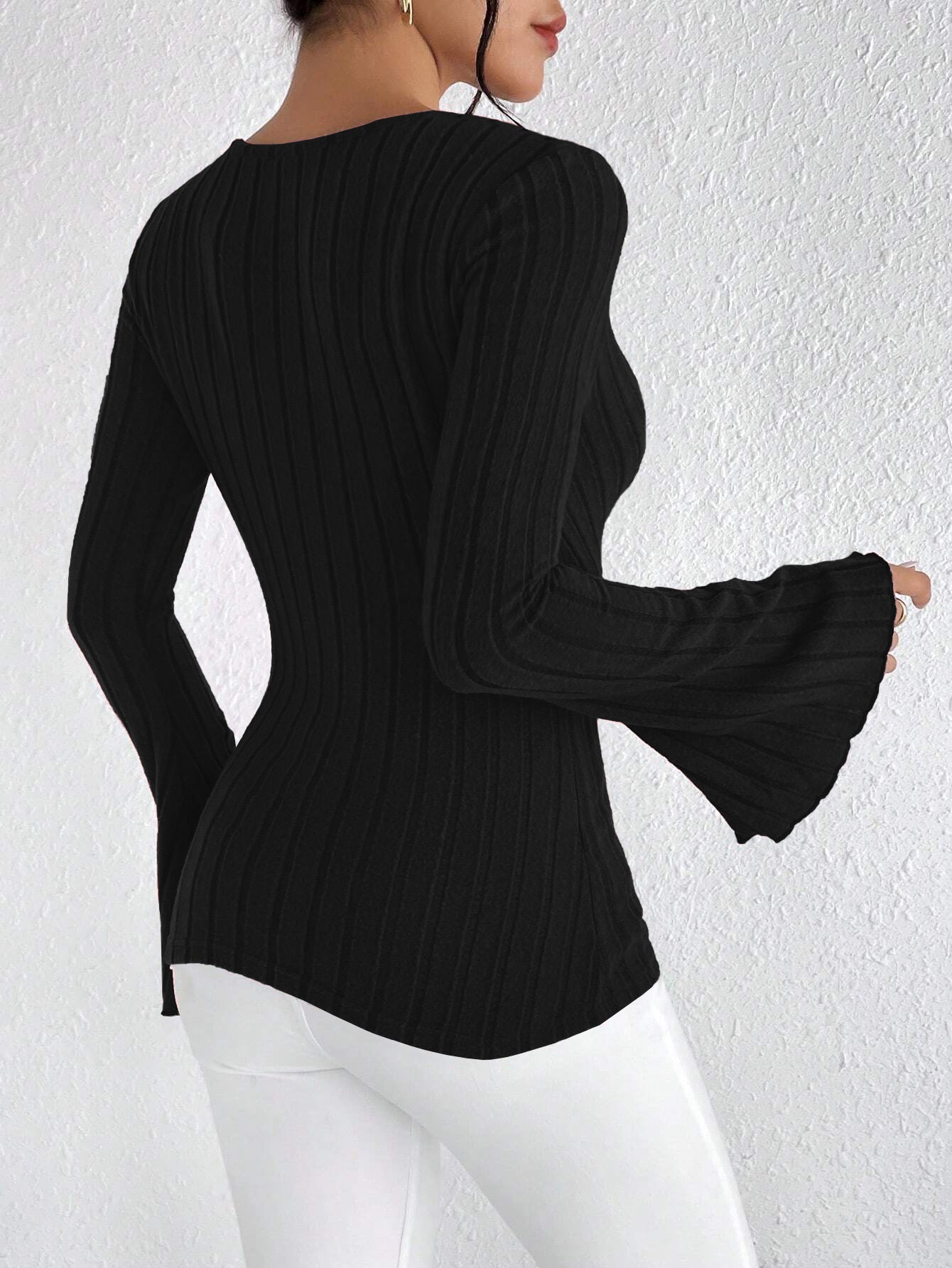 2026 New Amazon cross-border Women's European and American V-neck flared sleeves wine red T-shirt fall/winter slim bottoming shirt top