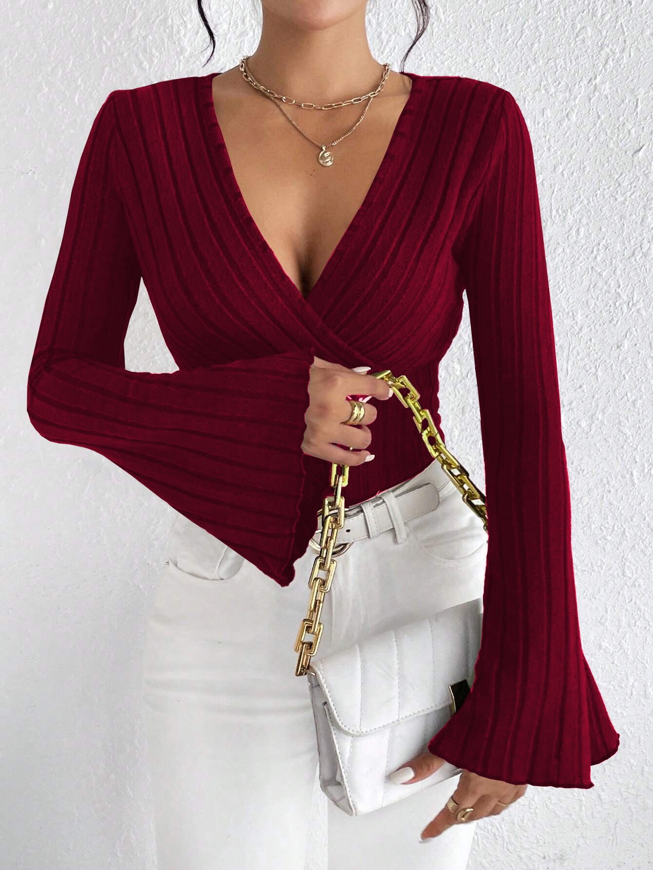 2026 New Amazon cross-border Women's European and American V-neck flared sleeves wine red T-shirt fall/winter slim bottoming shirt top
