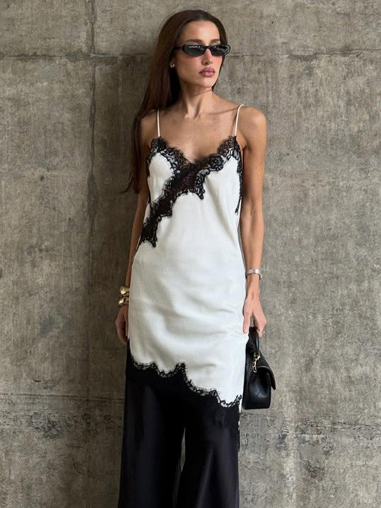 2026 spring cross-border new arrival pure desire style contrast color lace stitching irregular skirt beauty back sling dress for women