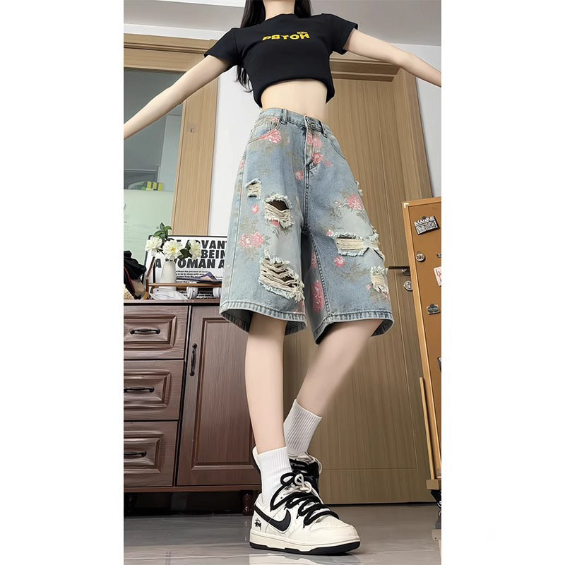 2025 new retro tattered jeans Denim shorts women's summer outdoor sports loose leisure all-matching five points short pants