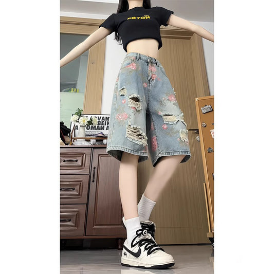 2025 new retro tattered jeans Denim shorts women's summer outdoor sports loose leisure all-matching five points short pants
