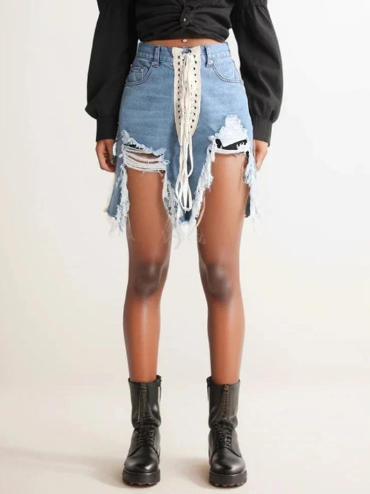 Street cool American ripped jeans 2026 spring new cross strap irregular design ripped jeans