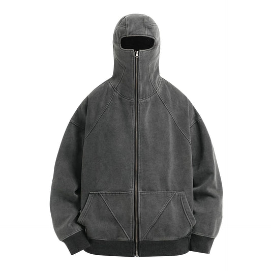 Jiayiku men's 2026 new American street washed hoodie baggy coat mechanical style cardigan zipper sweater