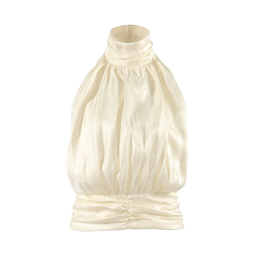 Spring 2026 cross-border new arrival gold and silver silk halter waist-tight vest women's sexy off-shoulder irregular temperament top
