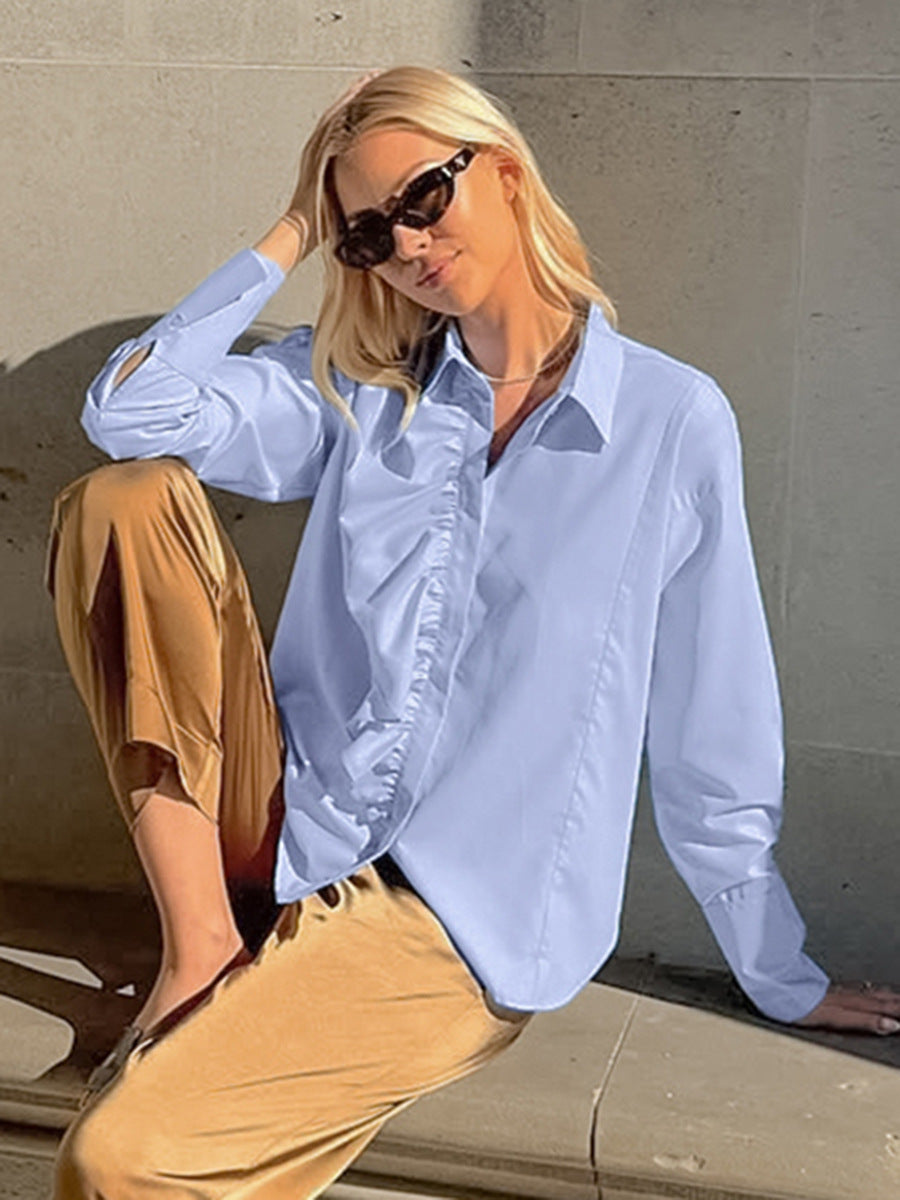 Commuter workplace blue ruffle blouse women's 2026 spring fashion workplace inner lapel women's shirt wholesale