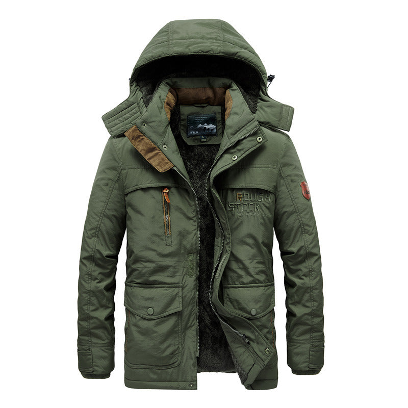 2026 winter men's velvet cotton clothes mid-length hooded cotton-padded coat trendy men's casual men's thickened large size coat