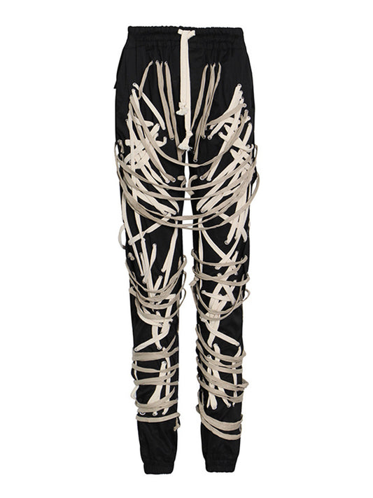 Street cool hipster lace-up trousers 2026 Spring/Summer New drawstring lace-up irregular hip hop style jeans for women