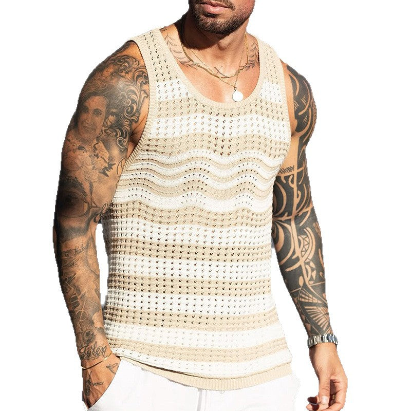 2026 spring/summer Europe and America cross border new men's knitted sleeveless round neck multicolor casual woolen vest men's top
