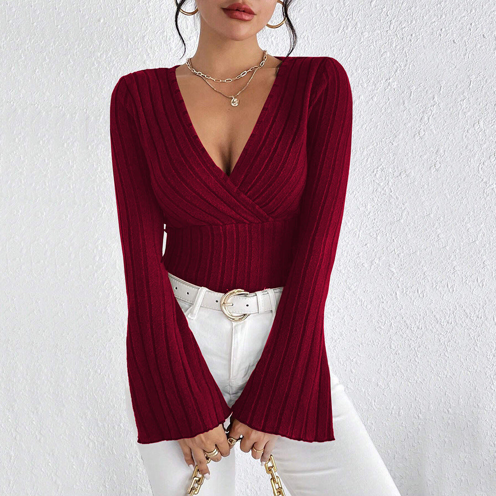 2026 New Amazon cross-border Women's European and American V-neck flared sleeves wine red T-shirt fall/winter slim bottoming shirt top