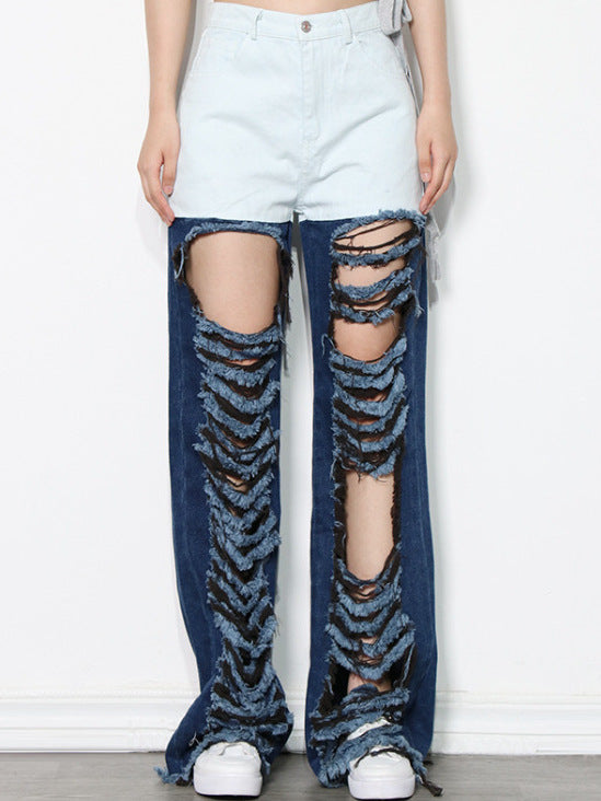 Retro contrast color street fashion style 2026 spring and summer new versatile personality ripped hollow-out straight jeans for women