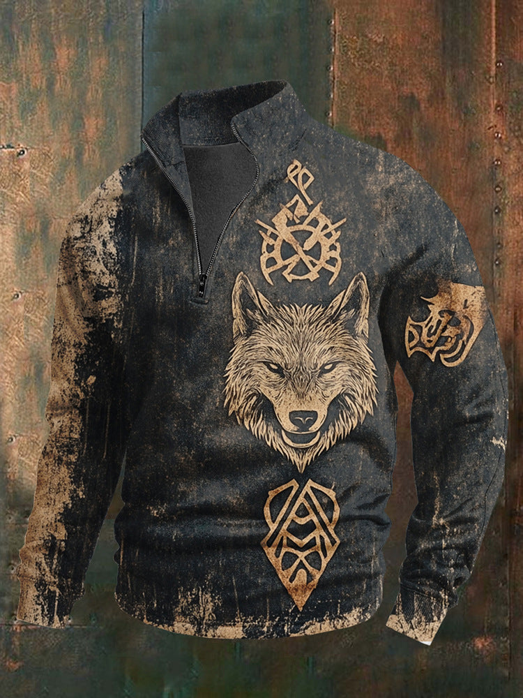 Foreign trade Men's Europe and America cross border half zipper sweater trendy digital printing slim fit comfortable autumn and winter wholesale