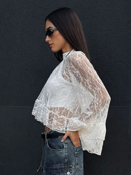 2026 spring Europe and America cross border new sheer cutout gentle bell sleeve white lace shirt women's high-grade