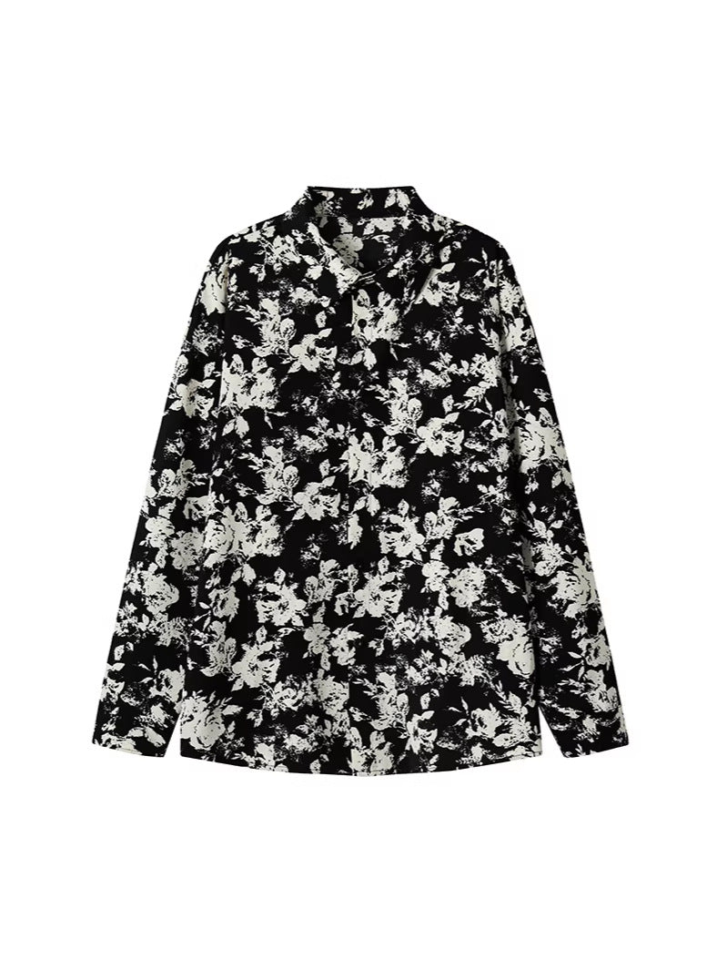 2026 spring Hong Kong style new men's Pu Shuai ice silk printed long-sleeved shirt large size fashion casual beach shirt