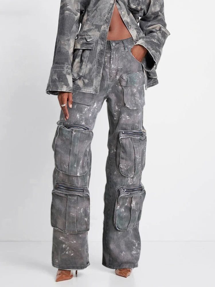 American style personality jeans 2026 spring new multi-pocket design camouflage wash low waist straight cargo pants women