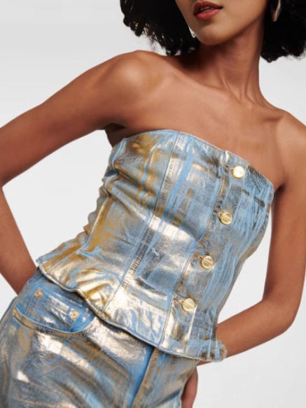 European and American sexy hot girl tube top 2026 spring new fashion trendy vintage bronzing denim tube top women's clothing