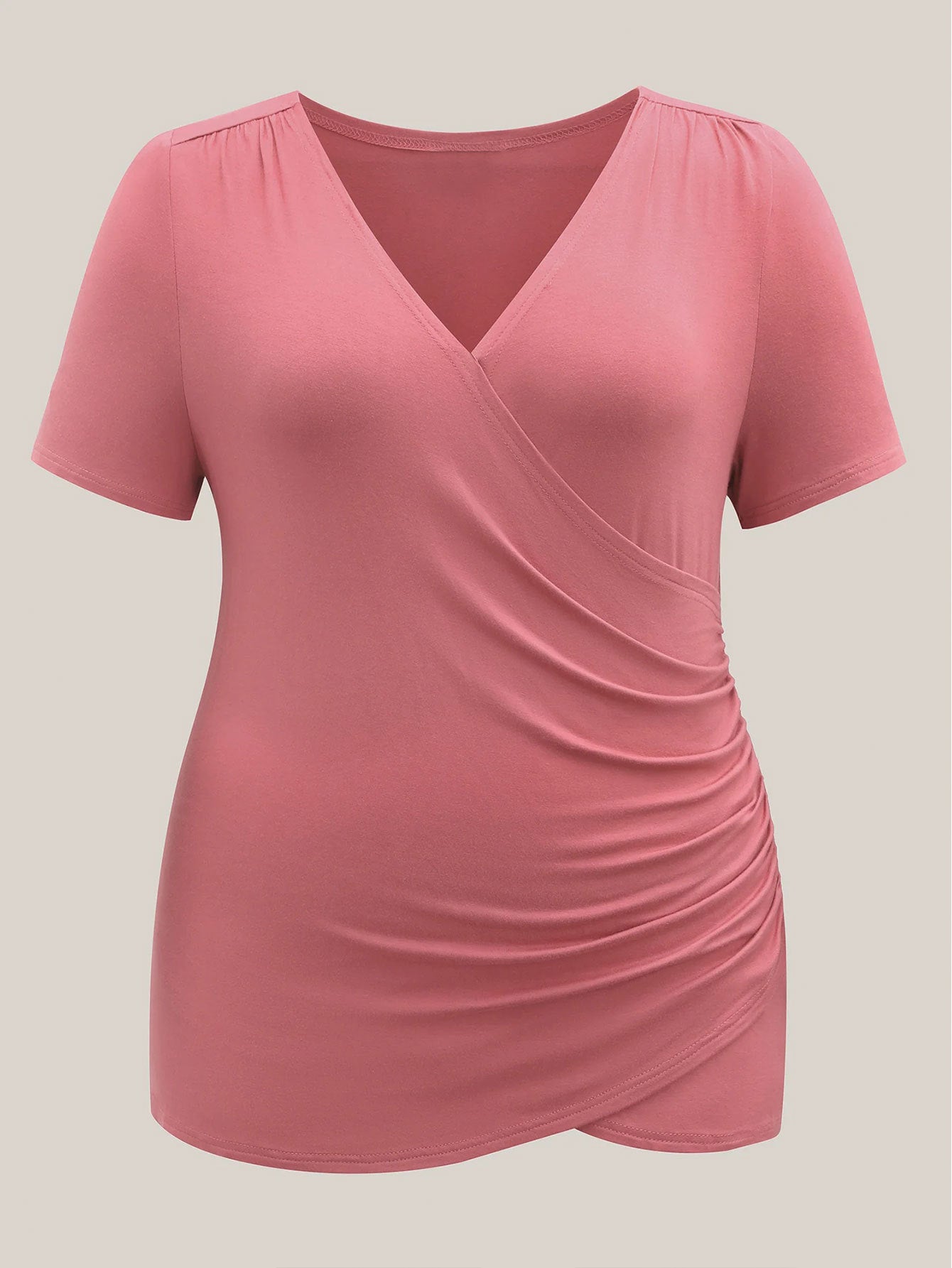 2026 New Amazon cross-border large size women's pink simple style all-match commute T-shirt figure flattering short sleeve top