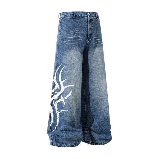 Jiayiku men's clothing 2026 new American high street tide Thorn printed washed jeans loose vibe wide-leg pants