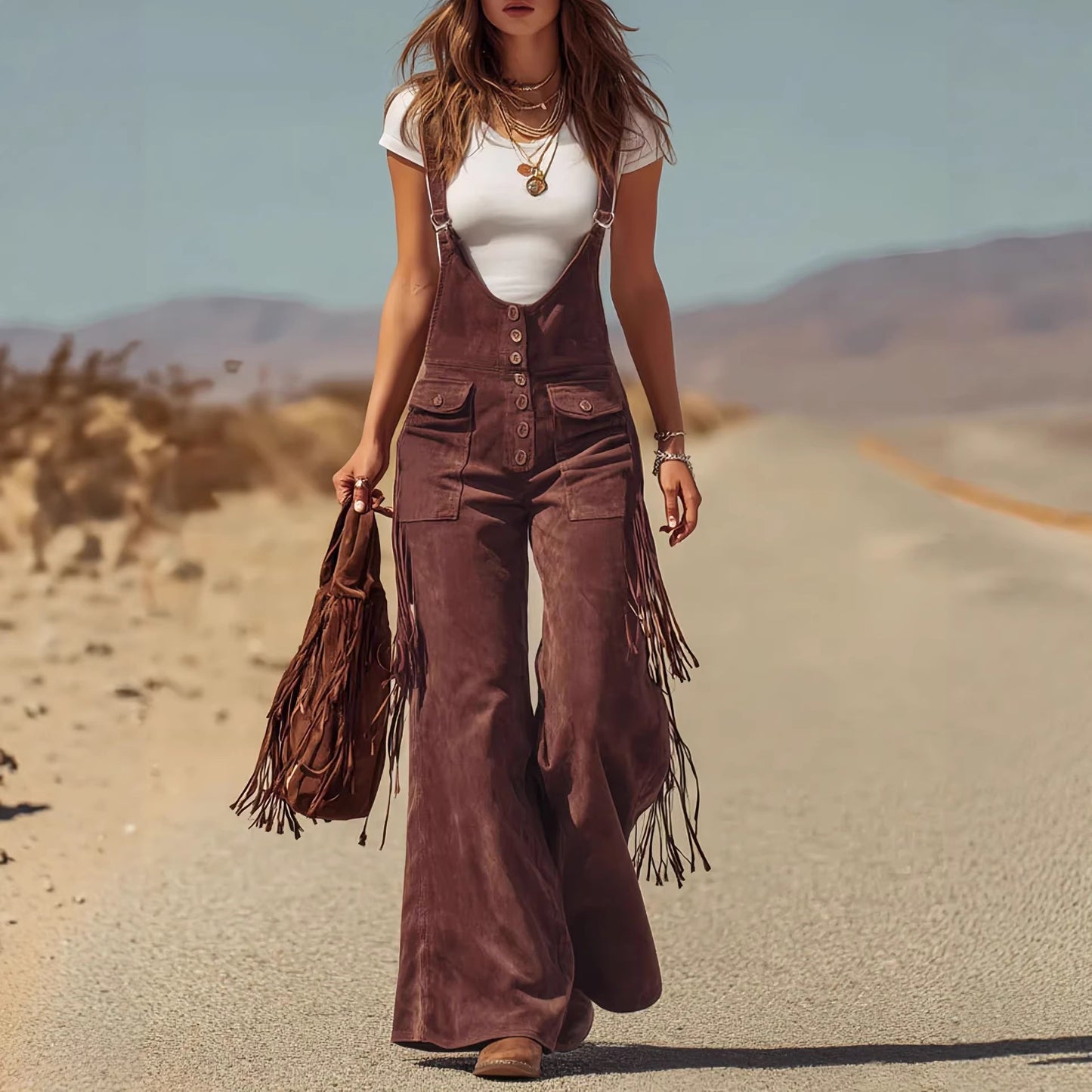 2026 new cross-border European and American hot women's retro Western suede fringed wide-leg suspender trousers