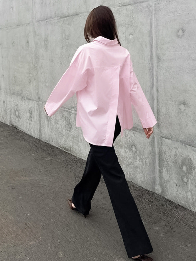 2026 European and American style cross-border new arrival cotton back slit long sleeve lapel shirt Women's temperament commute all-matching top