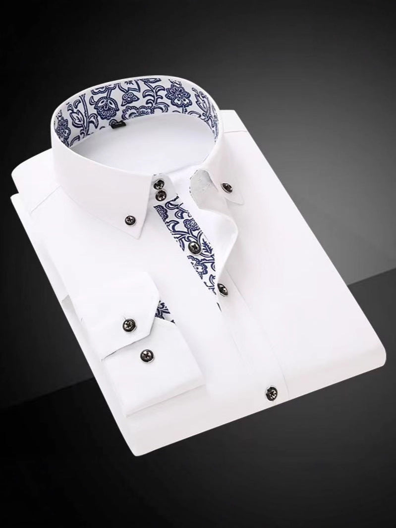 2026 new source factory cross-border blue and white porcelain shirt men's shirt inner shirt white casual men's shirt