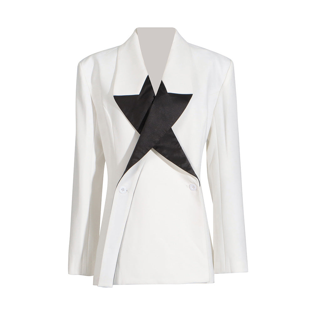 Personalized fashion loose suit women's 2026 spring new polo collar five-pointed star black and white color contrast patchwork suit jacket