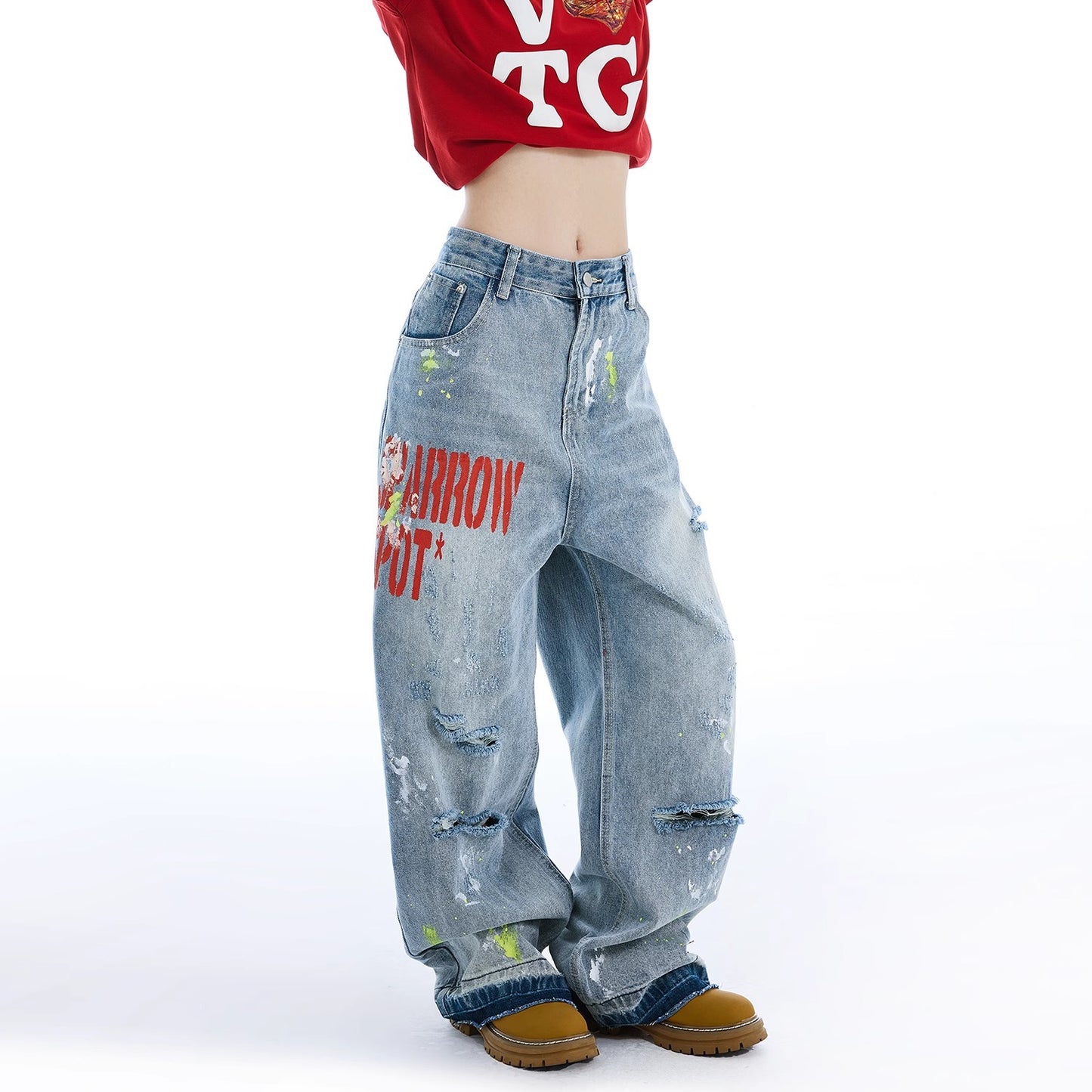 Fashionable retro washed embroidered ripped jeans women's summer New loose American high street wide-leg pants fashion