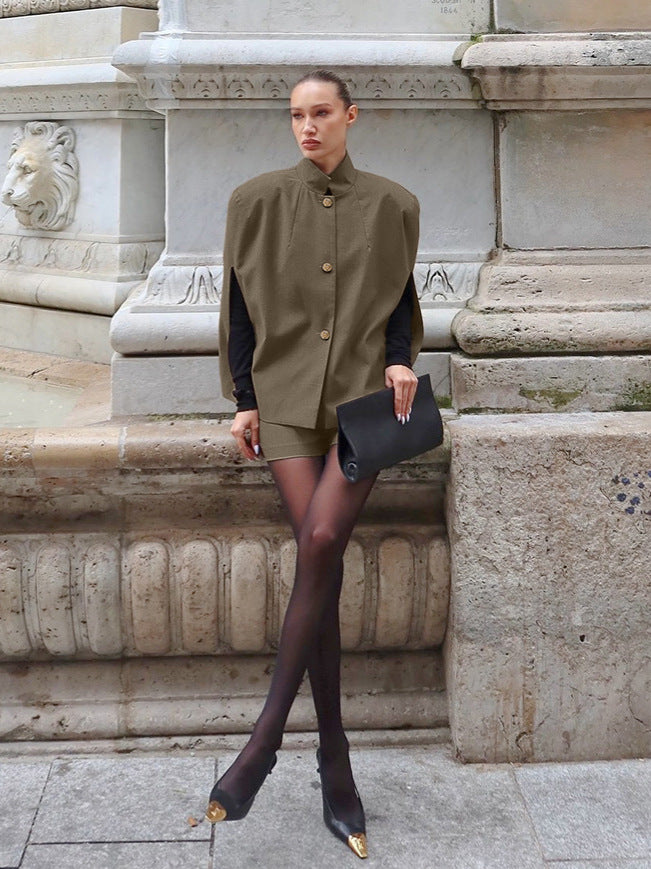 European and American retro khaki top and shorts suit women's niche design sleeveless stand collar cloak two-piece vest set