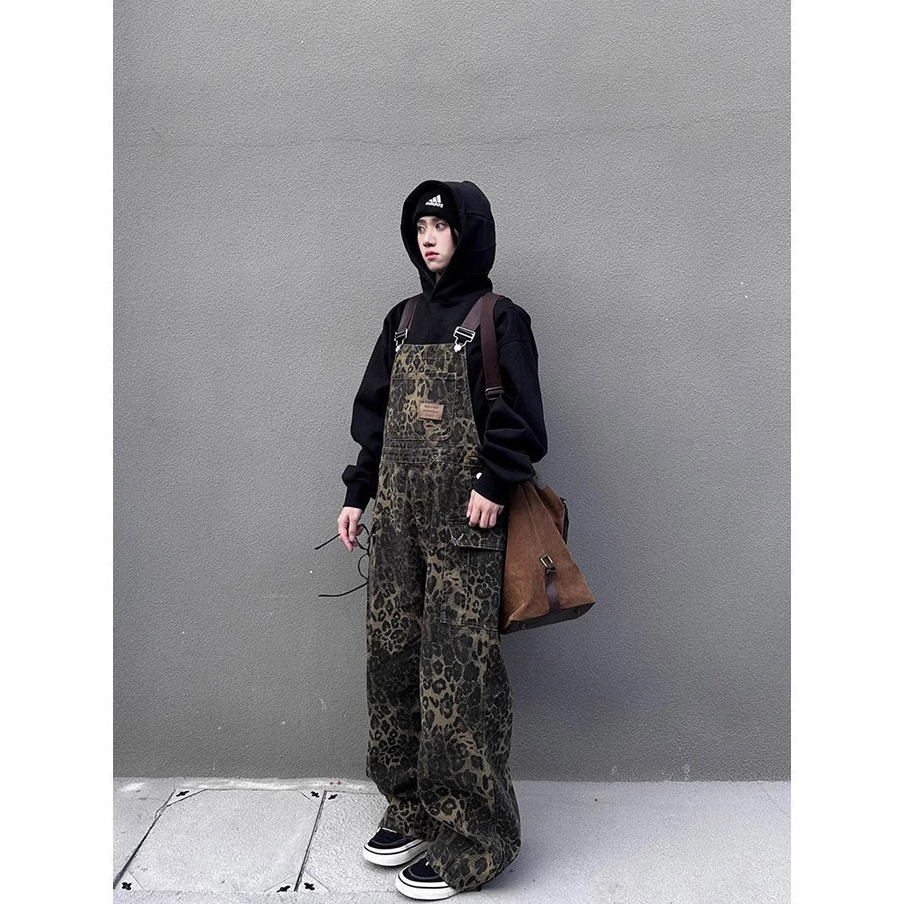 American retro street style leopard print pocket suspender pants women's spring and autumn loose ins trendy all-matching wide leg casual pants