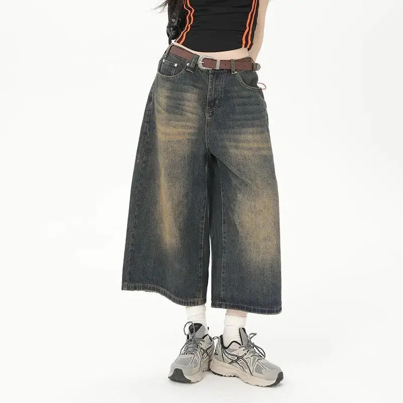 Women's wide-leg cropped jeans 2024 Summer new retro washed distressed straight-leg denim Denim middle pants American high street