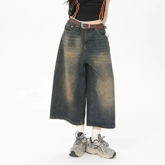 Women's wide-leg cropped jeans 2024 Summer new retro washed distressed straight-leg denim Denim middle pants American high street