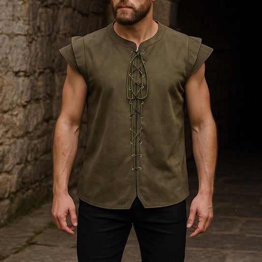 2026 Amazon new spring and summer retro crew neck lace-up shirt flying sleeves top hot sale in Europe and America men's clothing