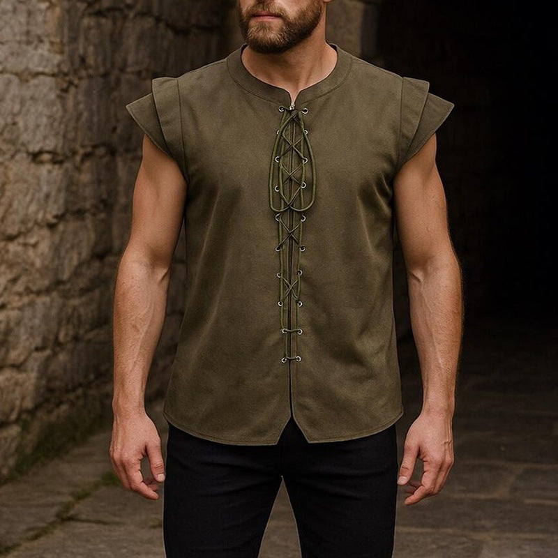 2026 Amazon new spring and summer retro crew neck lace-up shirt flying sleeves top hot sale in Europe and America men's clothing