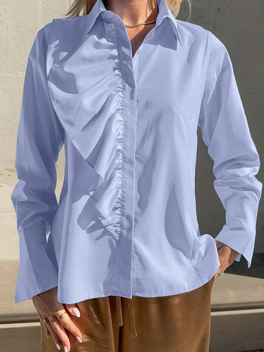 Commuter workplace blue ruffle blouse women's 2026 spring fashion workplace inner lapel women's shirt wholesale