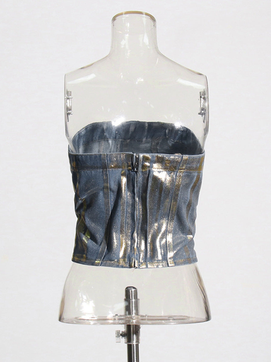 European and American sexy hot girl tube top 2026 spring new fashion trendy vintage bronzing denim tube top women's clothing