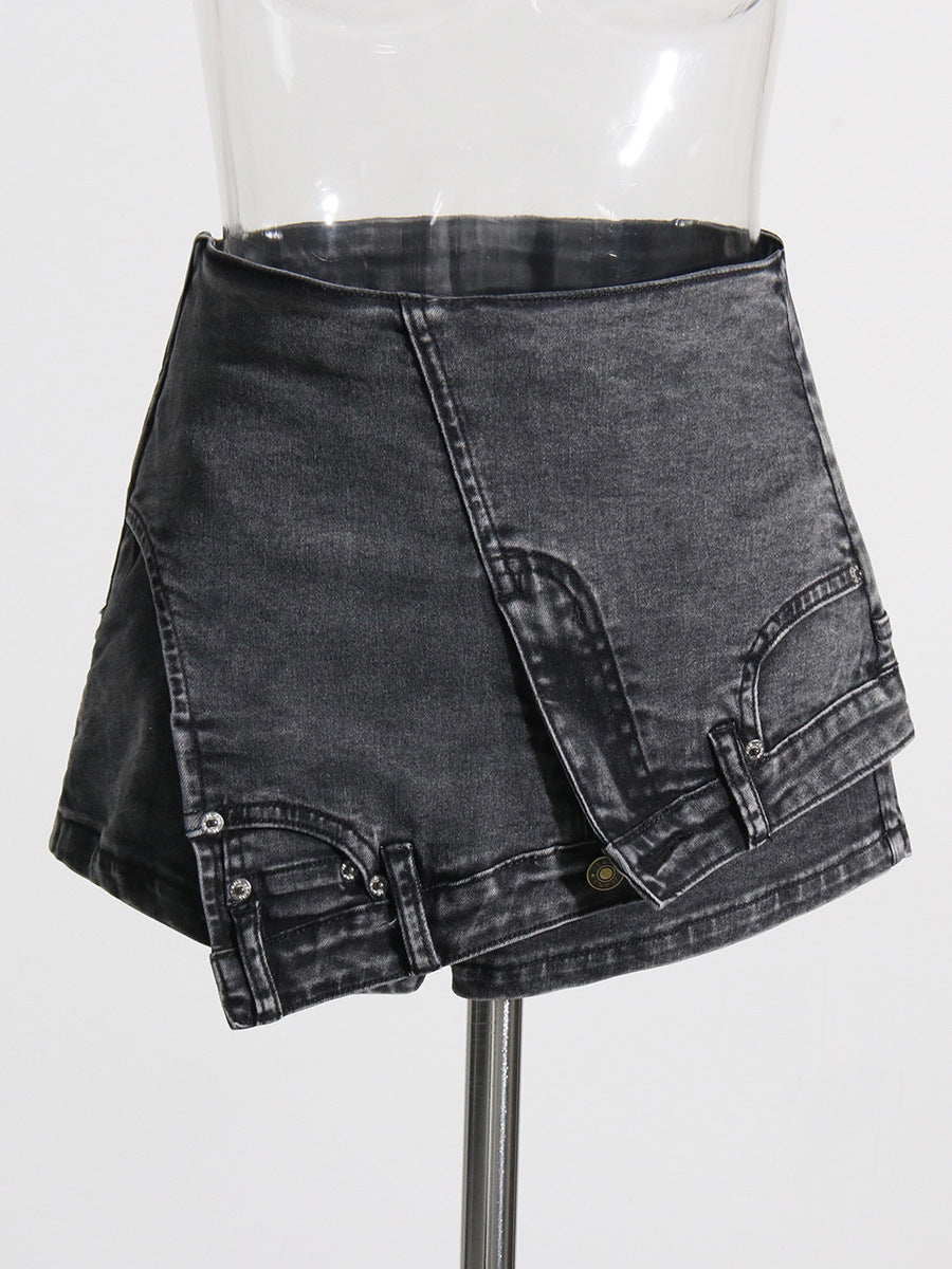 Fashion Street hot girl denim skirted leggings 2026 New irregular waist head reversal high waist wash fake two-piece shorts