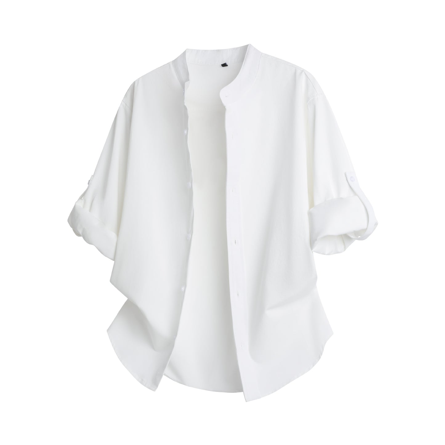 Cross-border 2026 spring and autumn stand collar long-sleeved shirt solid color commute fashion brand rolled sleeves shirt coat men's loose top