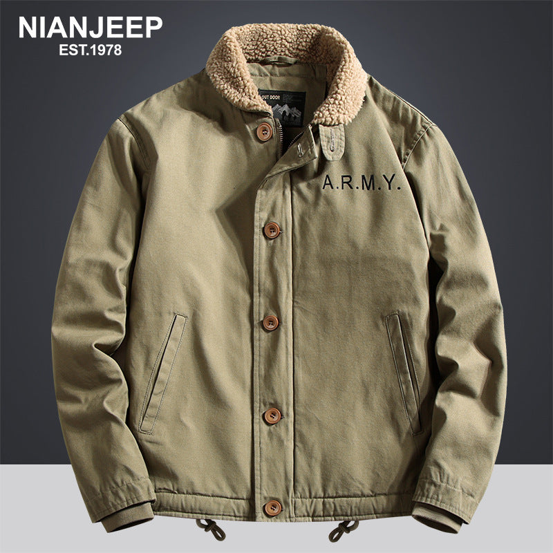 2026 winter pilot jacket men's faux cashmere cotton-padded jacket lapel overalls fleece padded military jacket cotton-padded coat
