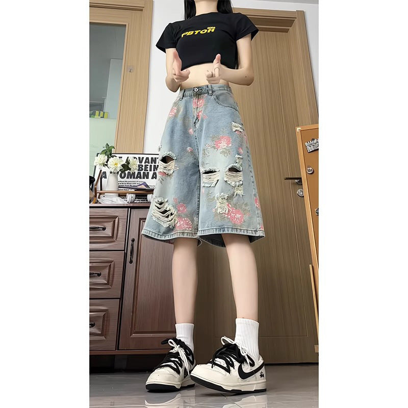 2025 new retro tattered jeans Denim shorts women's summer outdoor sports loose leisure all-matching five points short pants