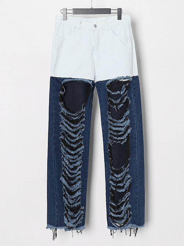 Retro contrast color street fashion style 2026 spring and summer new versatile personality ripped hollow-out straight jeans for women