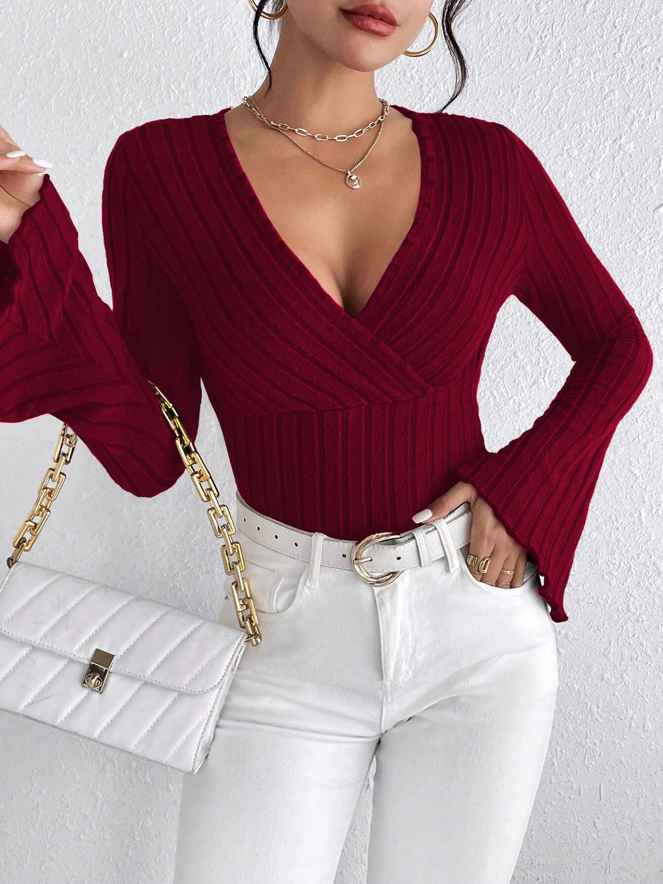 2026 New Amazon cross-border Women's European and American V-neck flared sleeves wine red T-shirt fall/winter slim bottoming shirt top