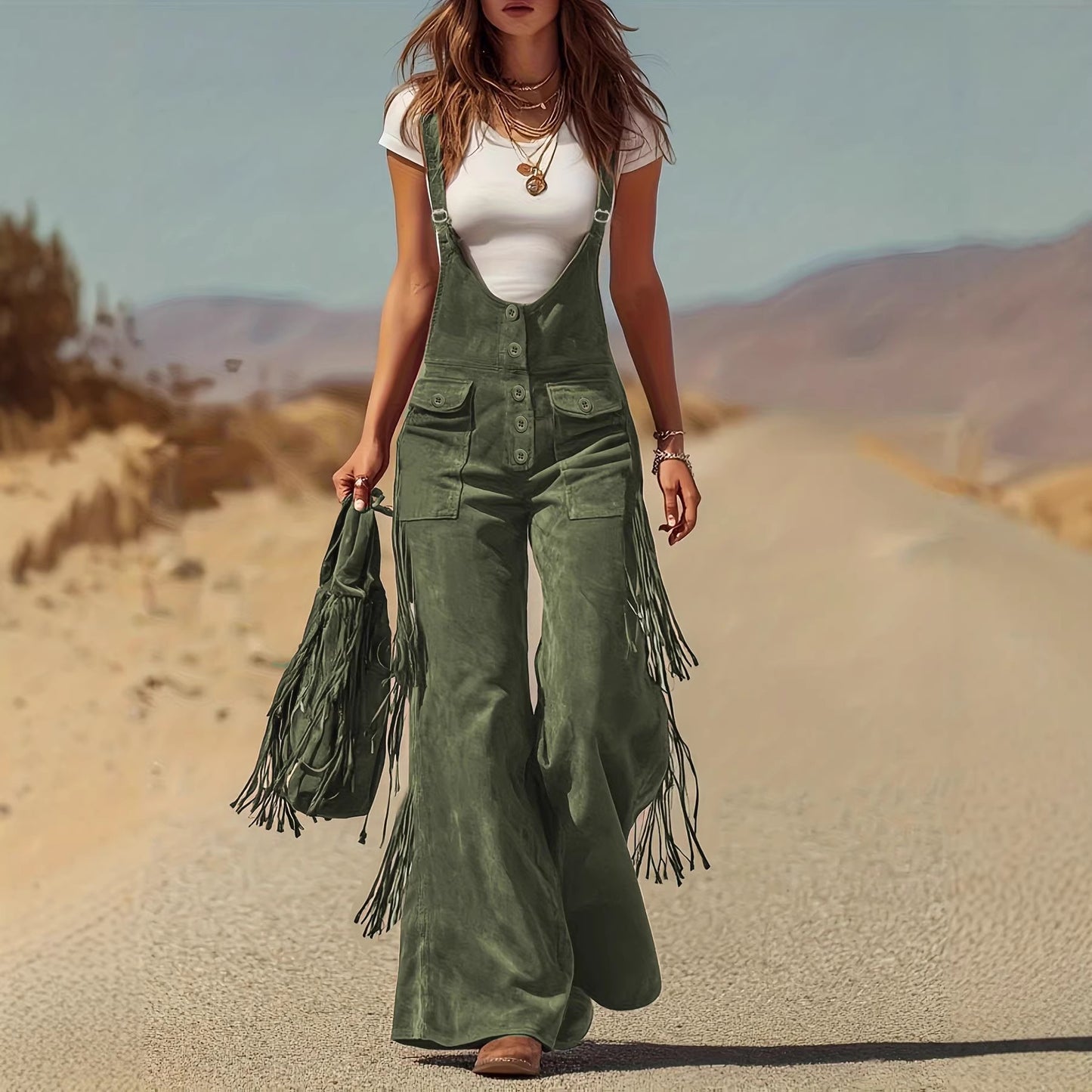2026 new cross-border European and American hot women's retro Western suede fringed wide-leg suspender trousers
