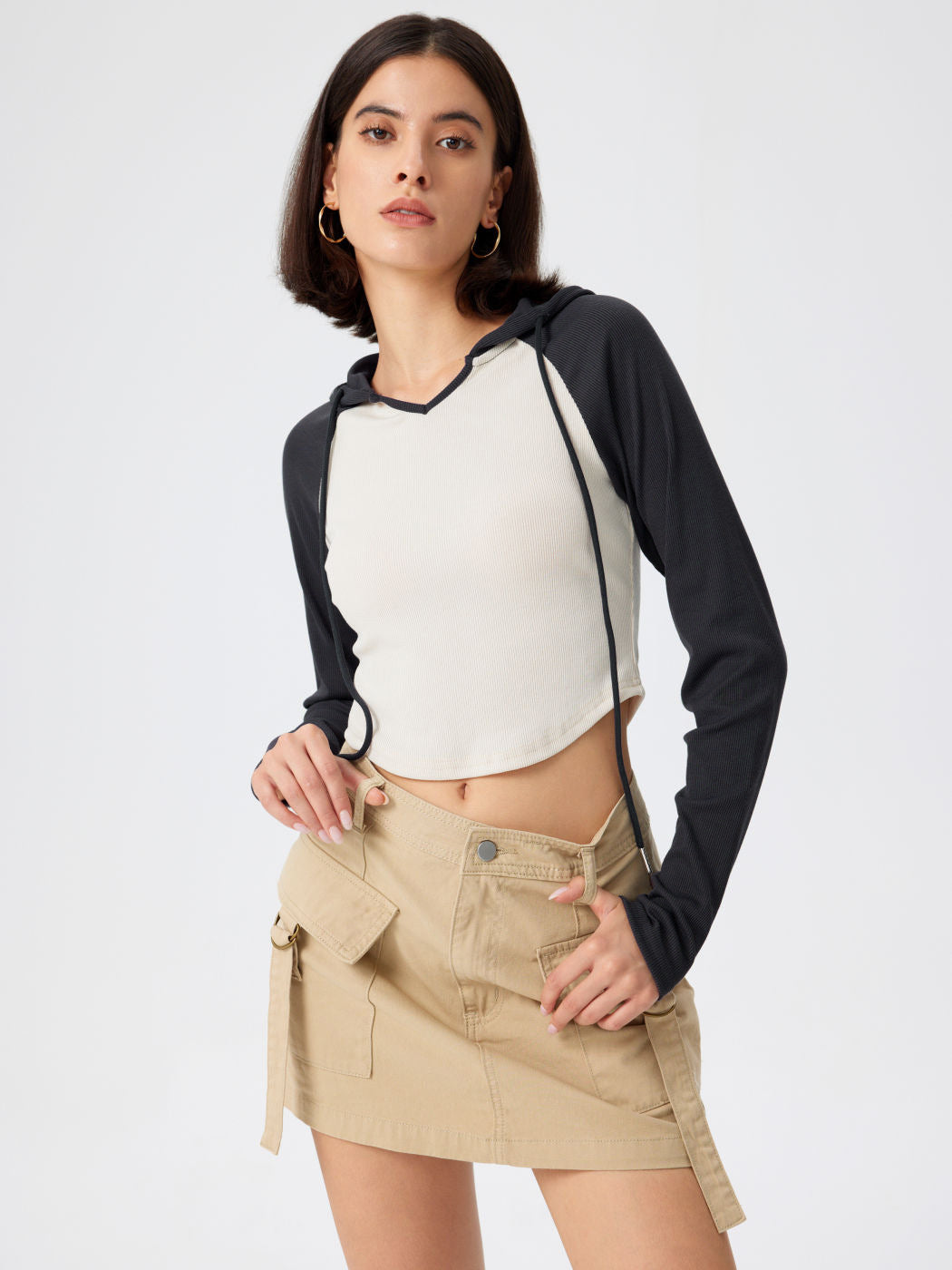 2026 autumn and winter new cross-border European and American women's clothing hooded stitching contrast color irregular slim fit long-sleeved T-shirt top