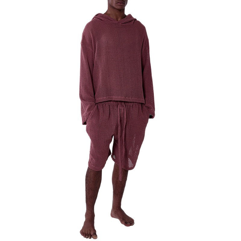 2026 Europe and America cross border early autumn men's casual fashion solid color hooded long sleeve top shorts suit men's clothing wholesale