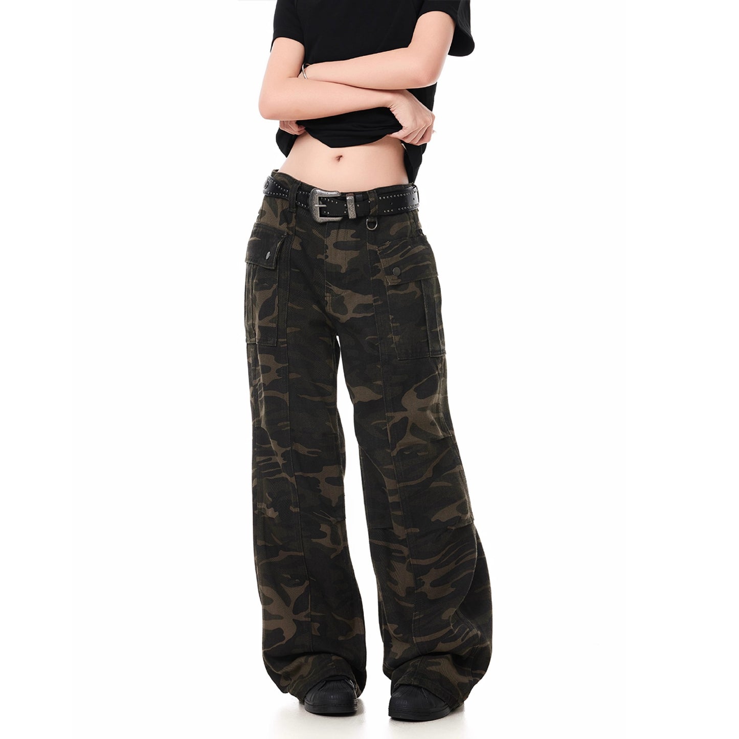 High street three-dimensional pinch pleated design camouflage workwear jeans Women's American retro casual vibe loose straight trousers