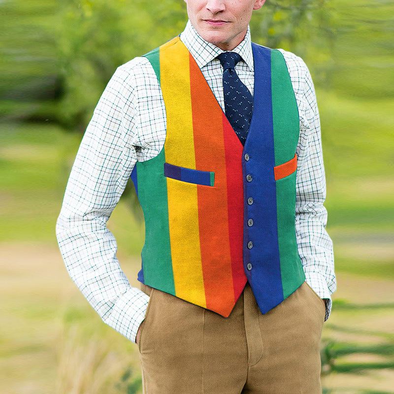2026 European and American new men's wear slant-cut bottom casual geometric color Four Seasons slim single-breasted men's waistcoat