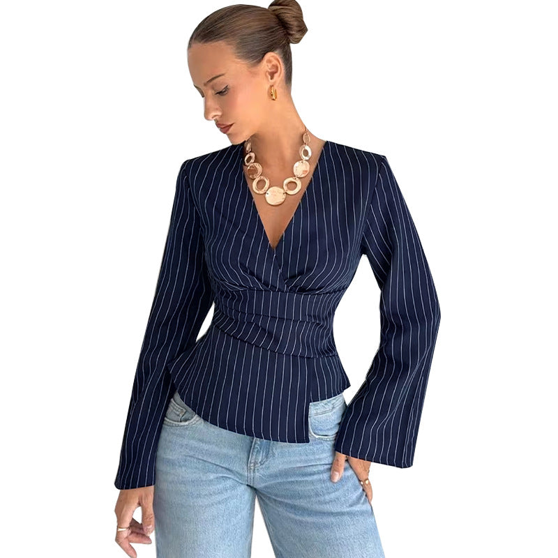 Cross-border European and American women's clothing fashion striped v-neck shirt long sleeve 2026 Amazon foreign trade cinched blouse pullover