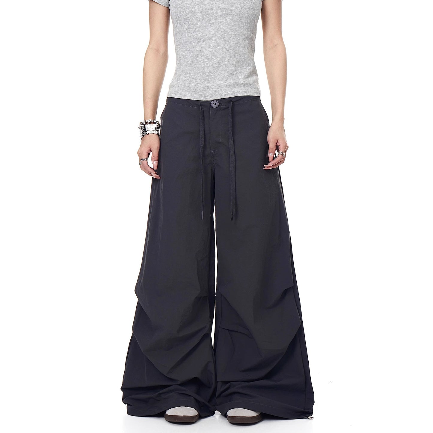 Retro drawstring pleated quick-drying paratrooper pants women's summer New loose niche drape wide leg skinny casual pants fashion