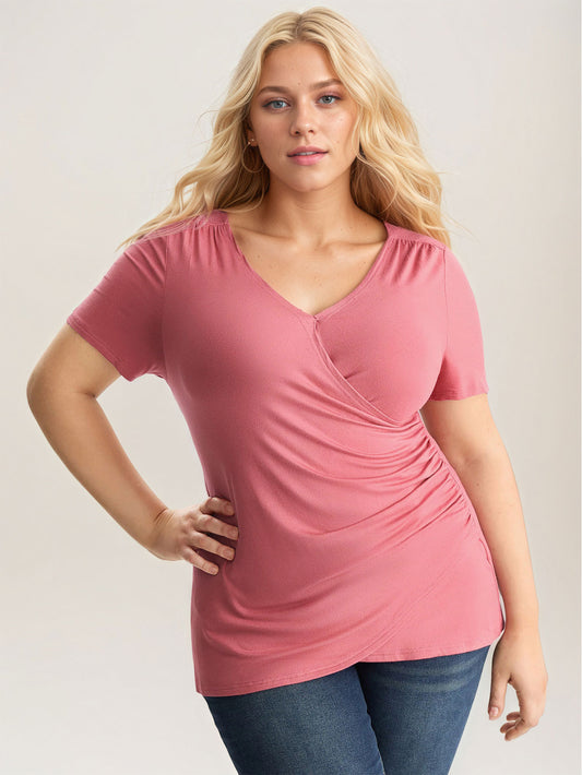 2026 New Amazon cross-border large size women's pink simple style all-match commute T-shirt figure flattering short sleeve top