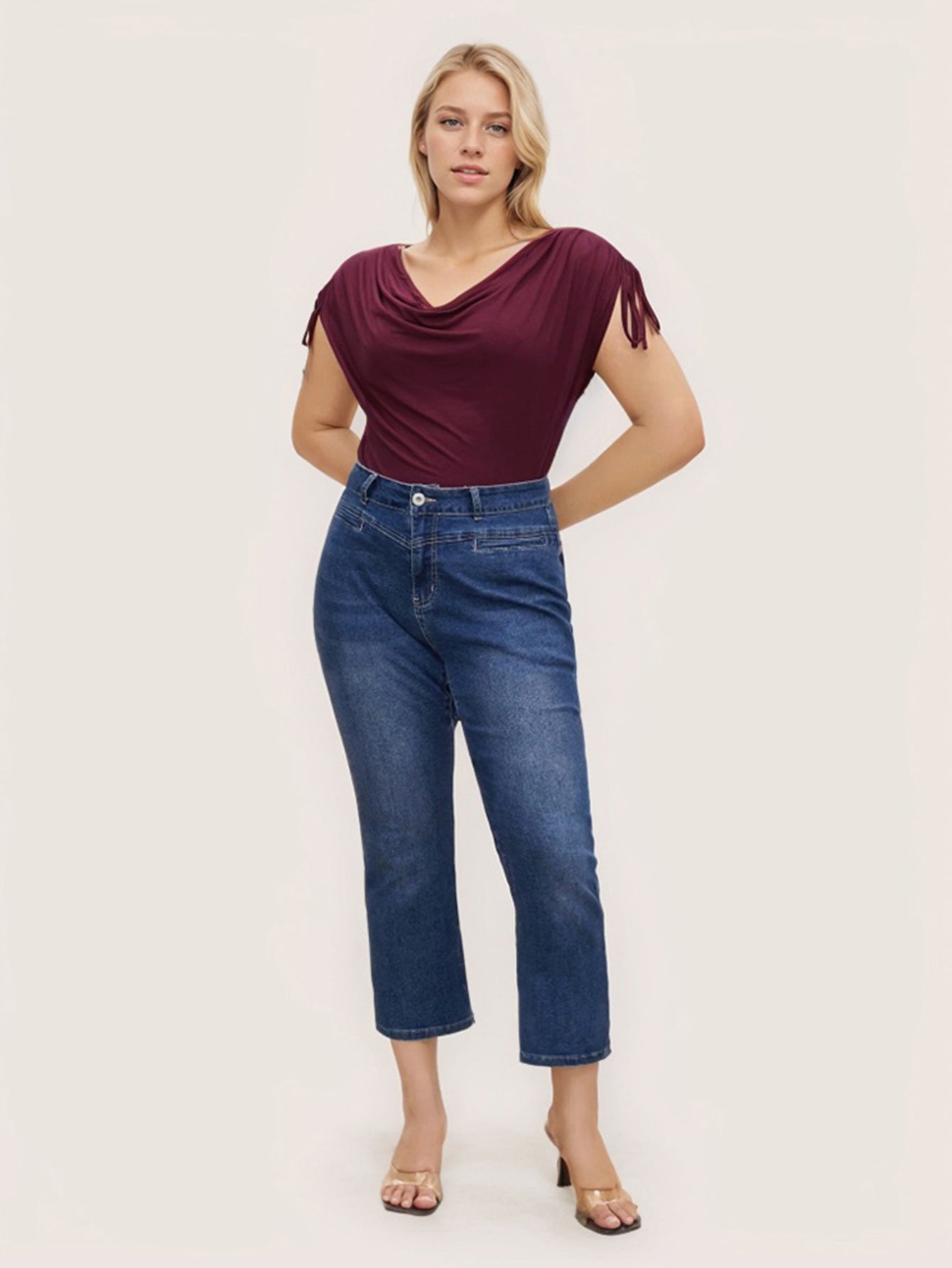 2026 cross-border temu hot sale large size women's clothing adult lady like woman elegant T-shirt spring and summer new wine red peplum top